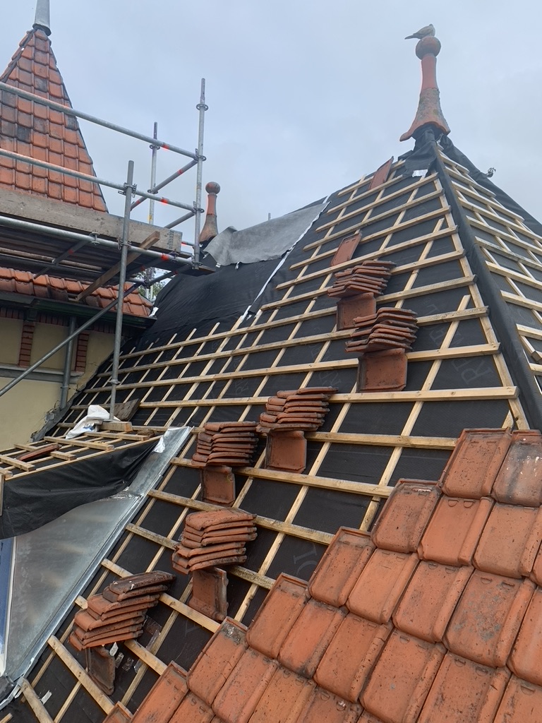 Het dak met hergebruikte Tuile du Nord-pannen op vers tengelwerk